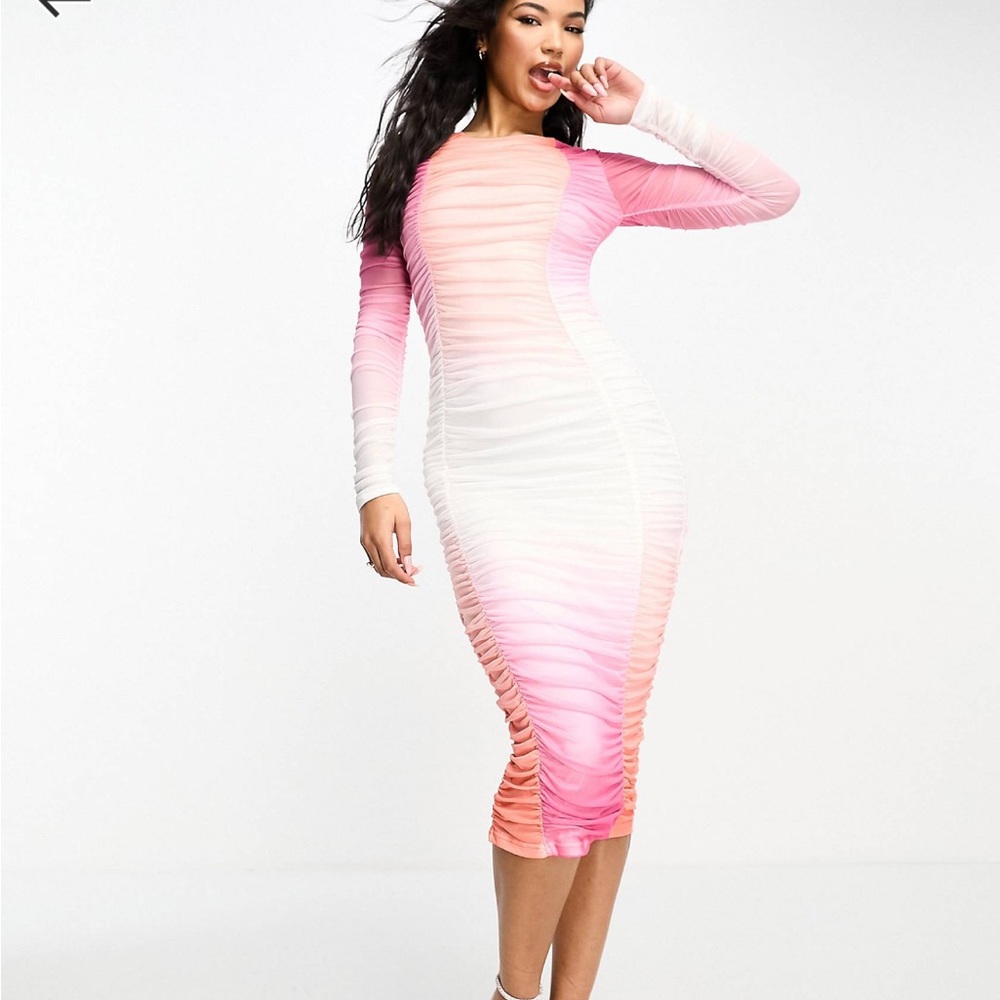 Simmi meshed ruched midi in pink ombré from ASOS